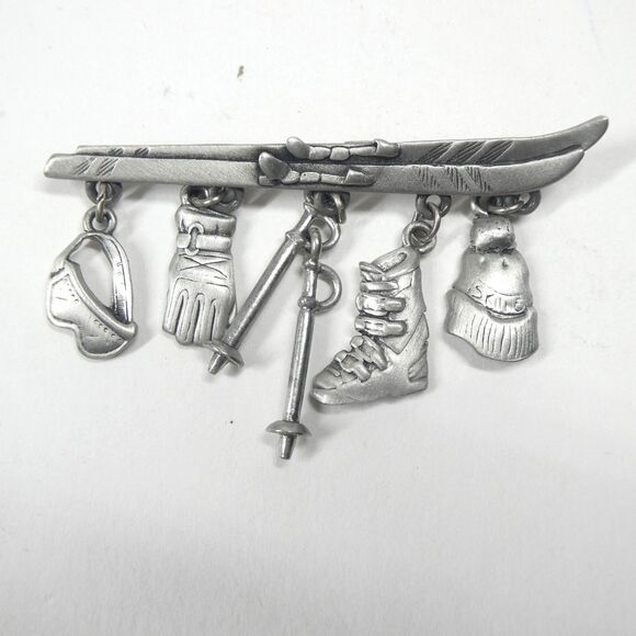 JJ Skier Pin Pewter Skiing Dangle Charms Vintage Skis Jonette - Picture 1 of 7